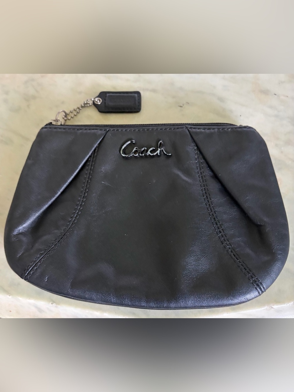 Coach Black Leather Wristlet Clutch with Logo Charm